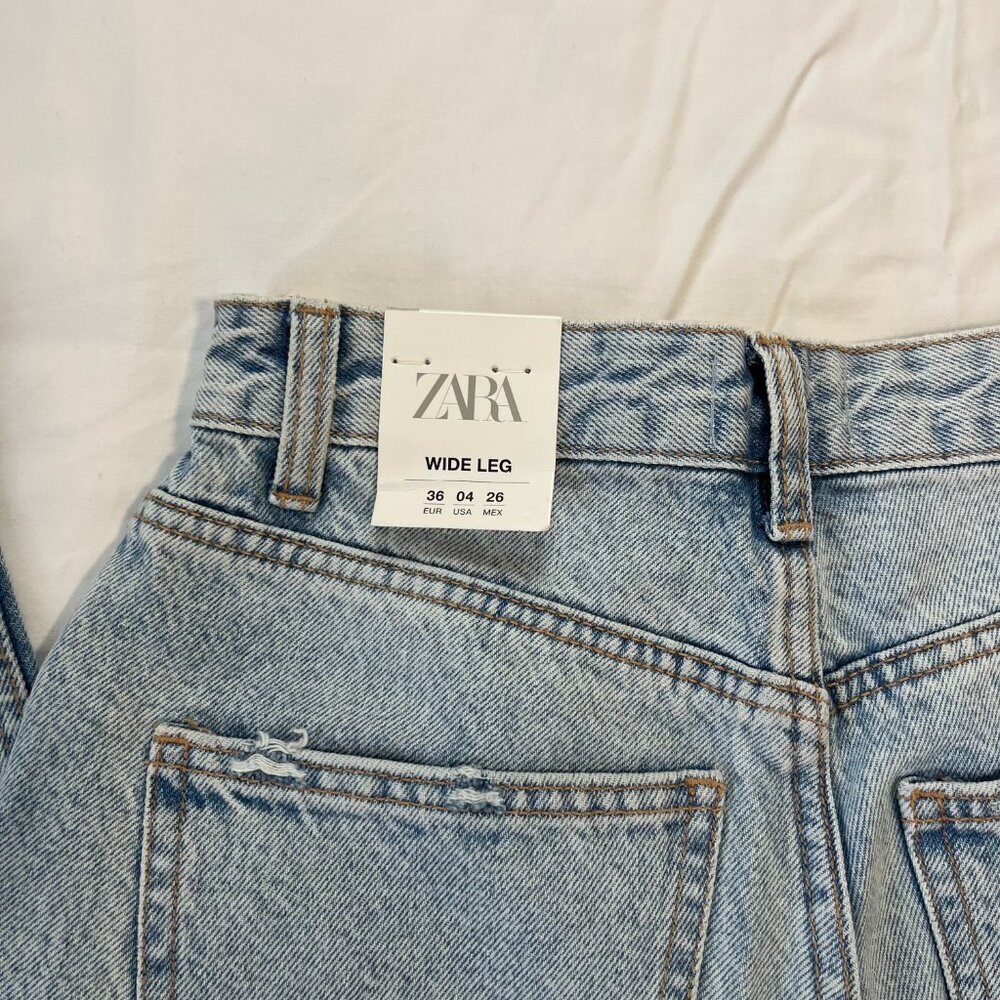 Zara Hi-Rise Cropped Wide Leg Distressed Light Wash Denim Jeans | Size 4 - Picture 8 of 10